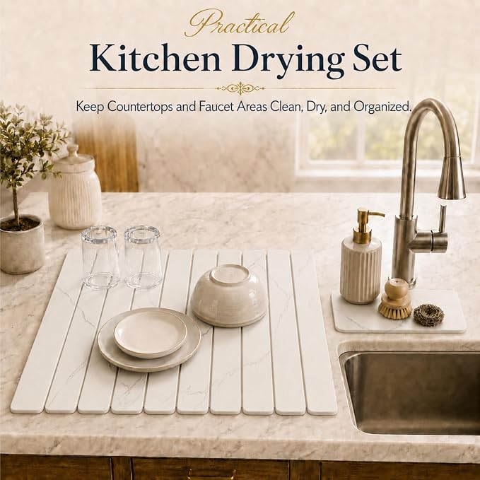 2 PCS Large Stone Dish Drying Mat for Kitchen Counter, 24" x 16" Diatomaceous Earth Dish Mat with 8" x 4" Coaster, Quick Dry Foldable Absorbent Mat for Dishes, Cups, Bottles (White)