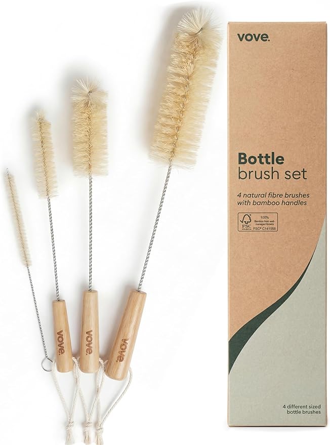 Vove Bottle Brush Set, 4 Natural Sisal Bottle Brushes with Long Bamboo Handles, Plastic-Free Bottle & Straw Cleaner Set, Zero Waste, Stainless Steel Wire, FSC Certified Bamboo, Kraft Packaging