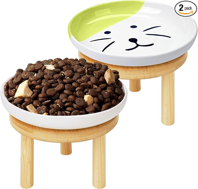 Shallow Elevated Cat Bowls with Bamboo Stand, 5.9 Inch Wide Ceramic Cat Dish Whisker Friendly, 2 Pack Pet Food and Water Plates