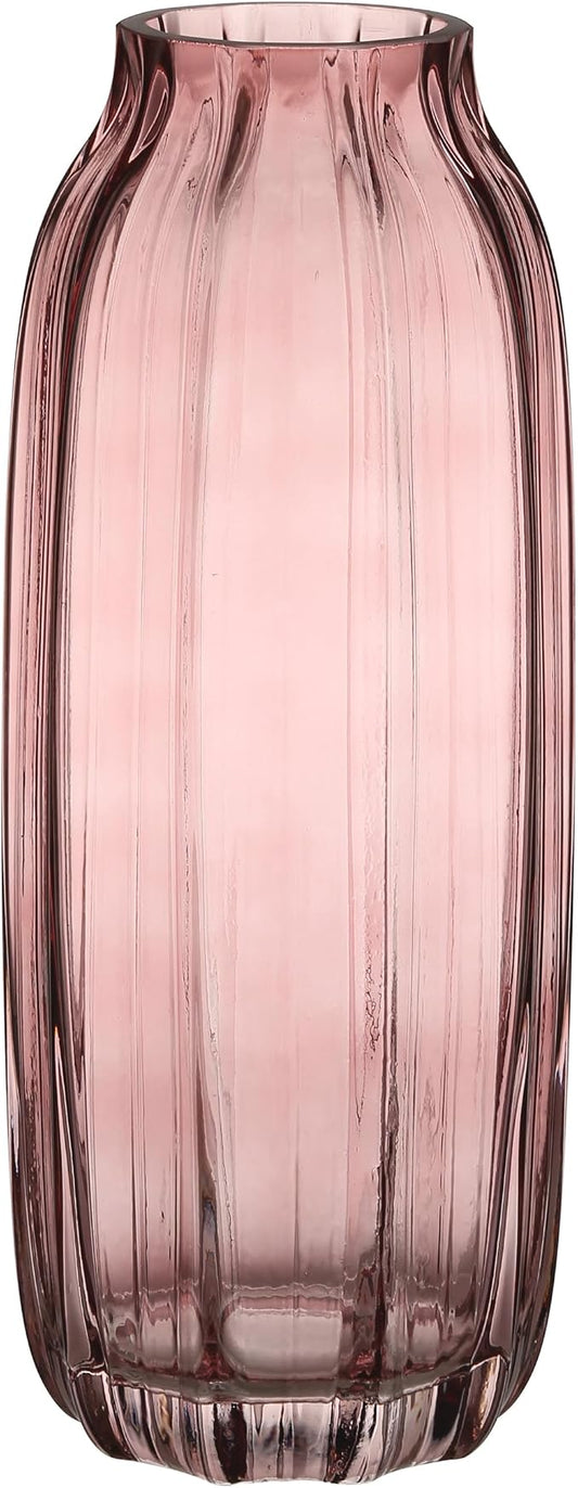 Large Ribbed Tall Pink Glass Vase - 12.0" Decorative Floor Vase for Home Table Centerpieces and Farmhouse