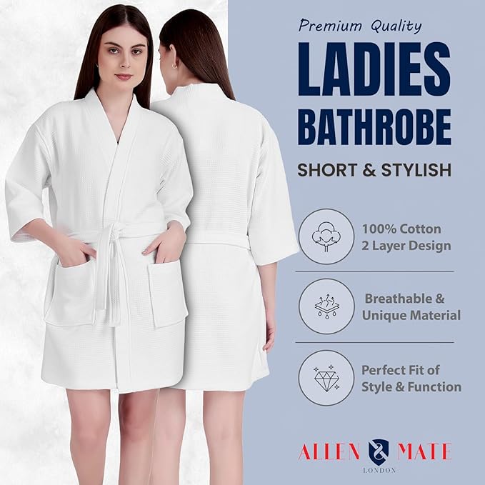 ALLEN & MATE 100% Cotton Women's Short Robe Dual Fabric Waffle Outside & Terry Towel Inside Kimono Bathrobe Medium Weight