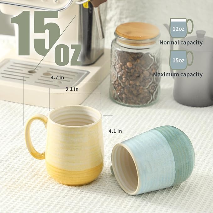 HASENSE Coffee Mugs Set of 4, 15 oz Large Ceramic Cups with Handle for Women Men, Milk, Soup, Tea Cup Set for Latte,Cappuccino, Microwave & Dishwasher Safe for Home Office（Colorful）