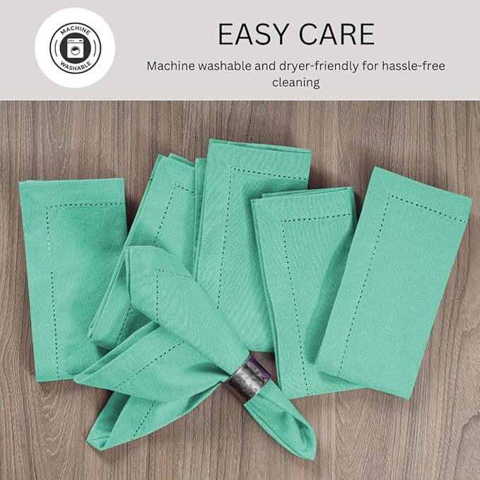 Hemstitch Dinner Napkins 100% Cotton Set of 12 - for Dining Weddings Parties Holidays Easter Everyday Use - Soft Durable Washable Table Napkins - 18x18 Inch Cloth Napkins Turquoise Blue