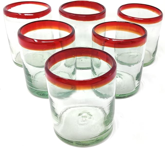 Dos Sueños Hand Blown Mexican Drinking Glasses - Set of 6 Tumbler Glasses with Red Rims (10 oz each)
