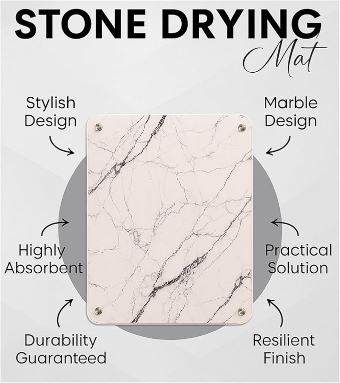 Stone Dish Drying Mat for Kitchen Counter, Diatomaceous Earth Dish Drying Mat, Non Slip, Quick Drying, Super Absorbent, Multipurpose,15.7" x 11.8" inches, White Marble Pattern