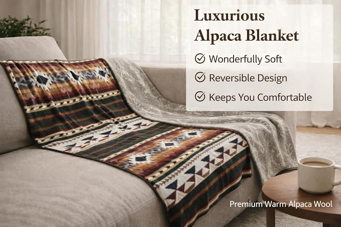 Alpaca Wool Blanket, Queen Size 94 x 78, Reversible 2 in 1, Thick and Ultra Soft, Hypoallergenic, Non-Itchy, Handmade in Ecuador. Premium Alpaca Wool (Green)