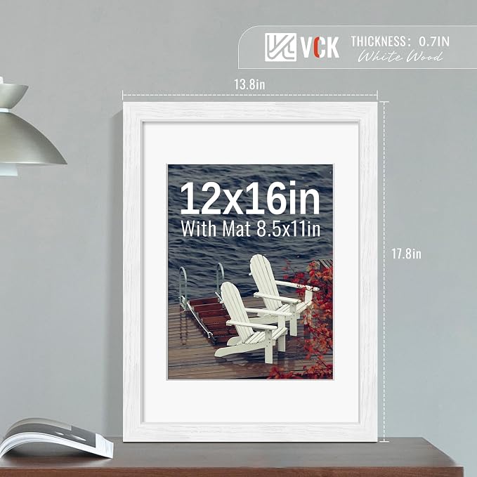 VCK 12x16 Picture Frames White 3 Pack, Wide Border Wood, Tempered Glass, Display 8.5x11 Photo with Mat or 12 x 16 without, for Home, Office, Gallery, Woodgrain Series, Wall Hanging