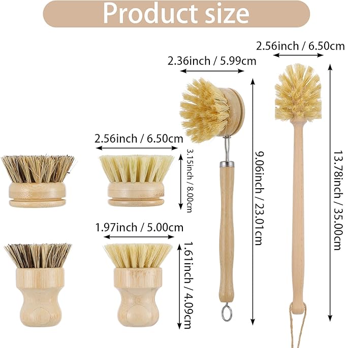 7-Piece Bamboo Dish Brush Set, Natural Kitchen Scrub Brush Kit with Wooden Handle for Pots, Pans, Vegetables, Eco-Friendly Cleaning Tools