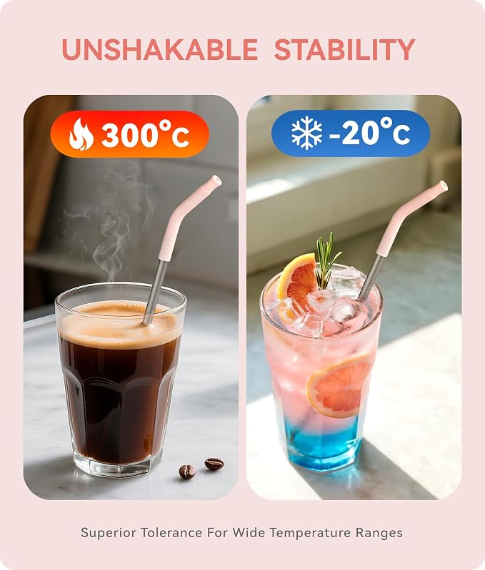 Heavy - Duty Titanium Straws12.2" Reusable for 40 oz Tumlbers | Metal Drinking Straws for All Kinds of Hot & Cold Drinks, Eco Conscious, BPA Free with Cleaning Brush(Light Pink)