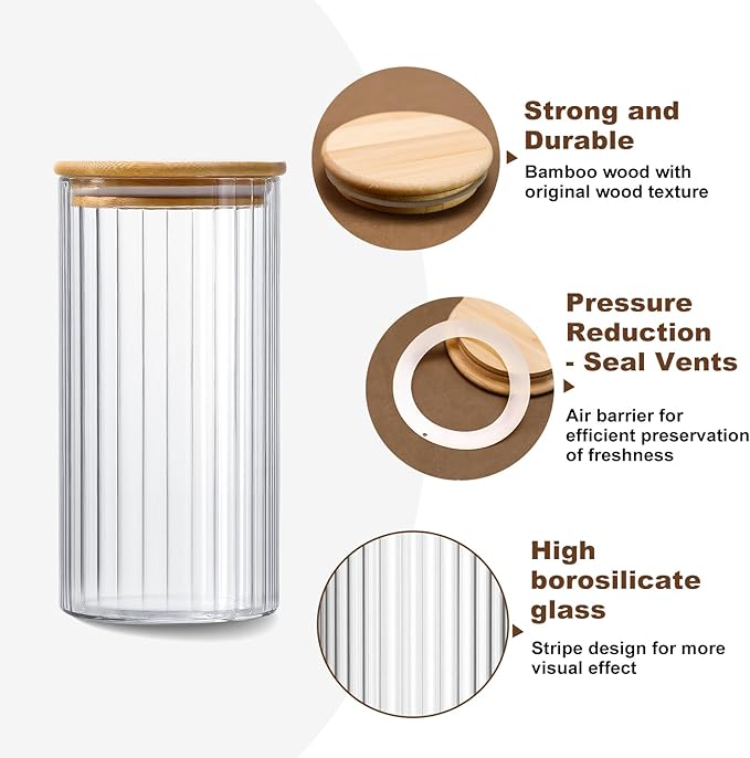 1.2L/40.58Oz 3 Pack Airtight Glass Storage Containers with Lids - Glass Food Storage Jars - Pantry Organizers and Storage for Flour Cereal Pasta
