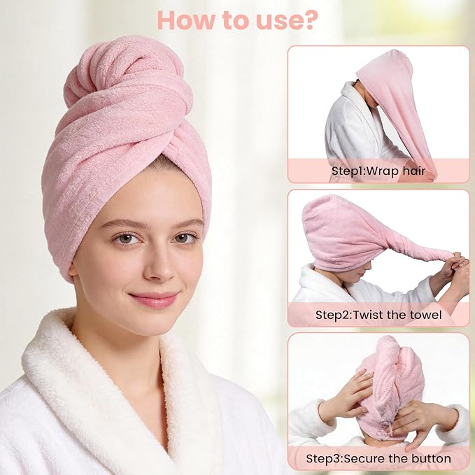 Microfiber Hair Towel Wrap for Women, Large Fast Drying Hair Towel Turban, Double Stitched Edges & Stay in Place No Slip Design for Curly Long Wet Hair(Pink/Blue)