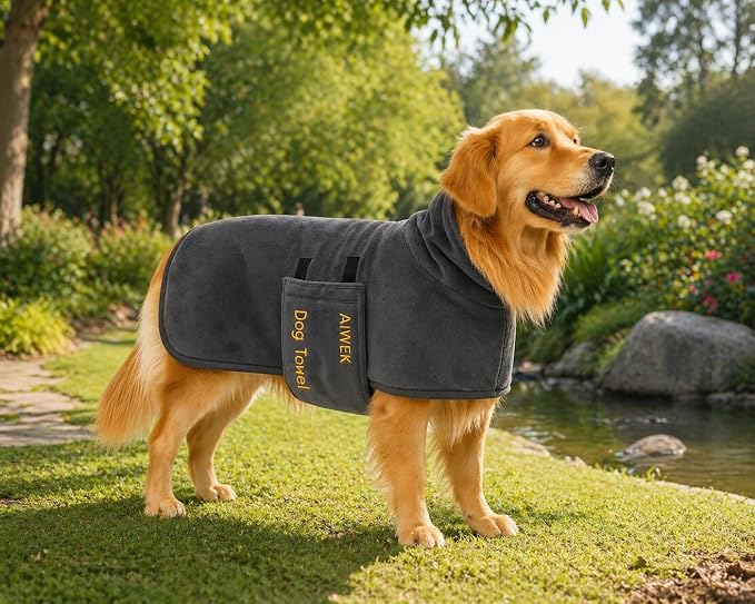 Dog Towel Dog Bathrobe, Microfiber Super Absorbent Pet, Quick Drying Robe for After Bath, Adjustable Collar & Belly Strap Pet Cat Bath Robe Towel Grey-XL
