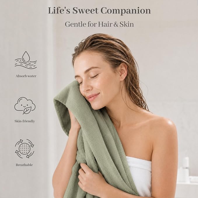 ROLSHOL Cotton Hair Towel Wrap for Women, 2 Pack 100% Cotton Hair Drying Towels for Long, Thick & Curly Hair, 32" x 11" Large Hair Turban for Wet Hair with Elastic Band (Green)