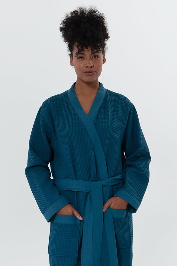 SEYANTE Women's Organic Cotton Waffle Kimono, Hooded Robe – GOTS Certified Lightweight Full-Length Spa Bathrobe with Piping