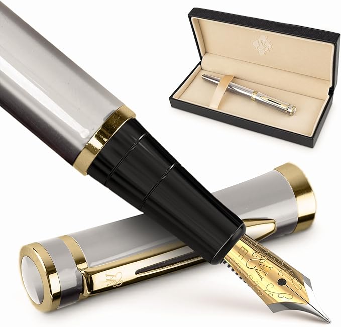 Wordsworth & Black Fountain Pen Set, 18K Gilded Extra Fine Nib, Includes 24 Pack Ink Cartridges, Ink Refill Converter & Gift Box, Gold Finish, Calligraphy, [Silver Gold], Perfect for Men & Women