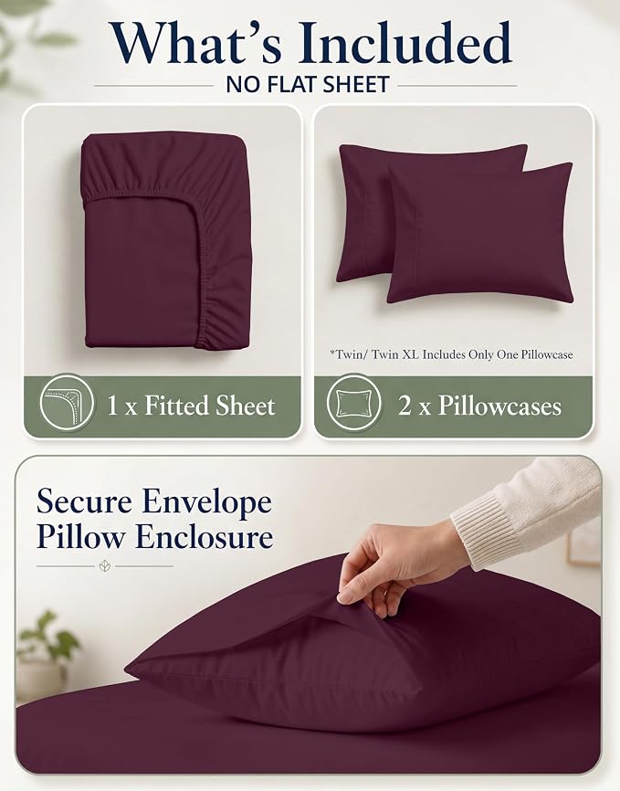 LANE LINEN 100% Organic Cotton Twin Fitted Sheet, 2-Piece Set (1 Fitted Sheet, 1 Pillowcase), Percale Weave, Lightweight, Soft, Breathable, Fits Mattress Upto 15' Deep - Windsor Wine (No Flat Sheet)
