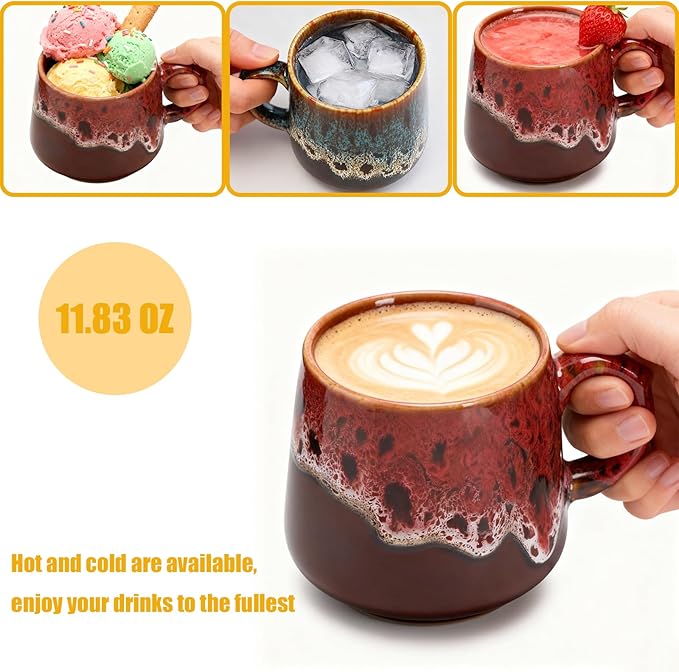 12oz Cool Unique Mugs, Handmade Ceramic Coffee Mug, Great Gift for Men Women, Microwave & Dishwasher Safe Stoneware Pottery Tea Mug for Home Office(red)