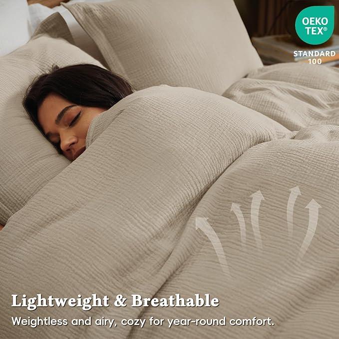 David's Home 100% Cotton Muslin Duvet Cover Set King Size,3 Pcs Ultra Soft Breathable & Lightweight Gauze Bedding Set with 2 Pillowcases,Textured Home Decor with Button, 104"×90" Natural,No Insert