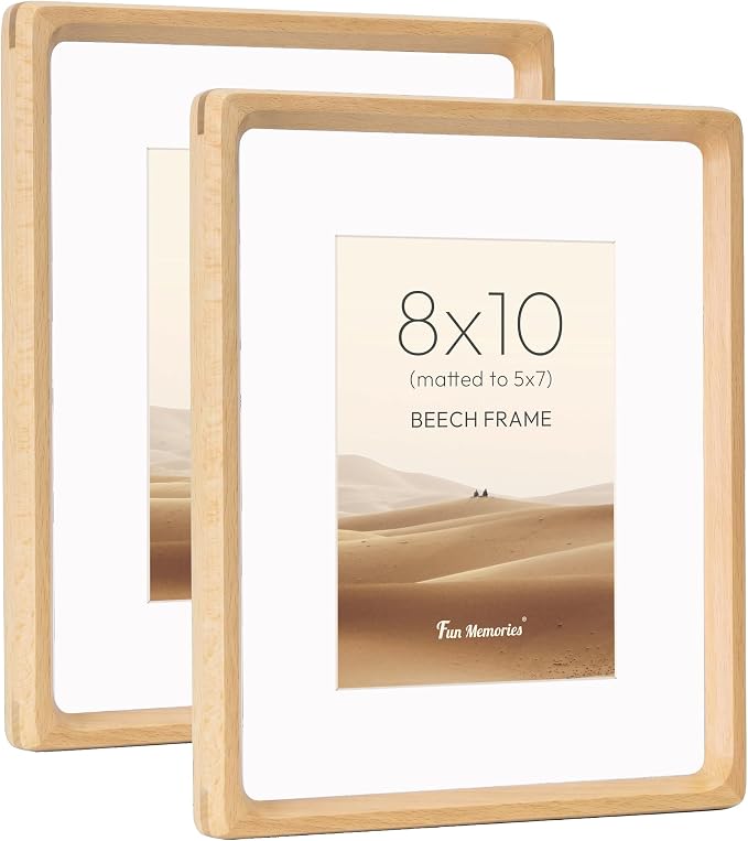 8x10 Picture Frame Set of 2, USA-Sourced Beech Wood Photo Frame with HD Tempered Glass, Handcrafted Rounded Corner 8 x 10 Wooden Frames Matted to 5x7 Photos, 8x10 Frames, Tabletop or Wall Display