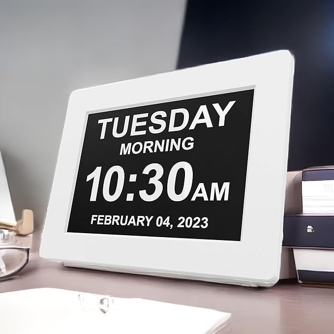 Digital Calendar Date Multi Alarm Clock 8 inch Large Display Auto-Dimming Electic Desk Table Wall Mount Office, Home, Kitchen, Room, School, Bedroom, Living Room (White)