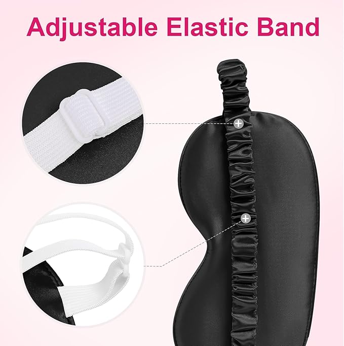 100% Natural Mulberry Silk Sleep Eye Mask with Adjustable Elastic Band for Women & Men Soft Light Blocking Cover Eyeshade Blindfold (Black)