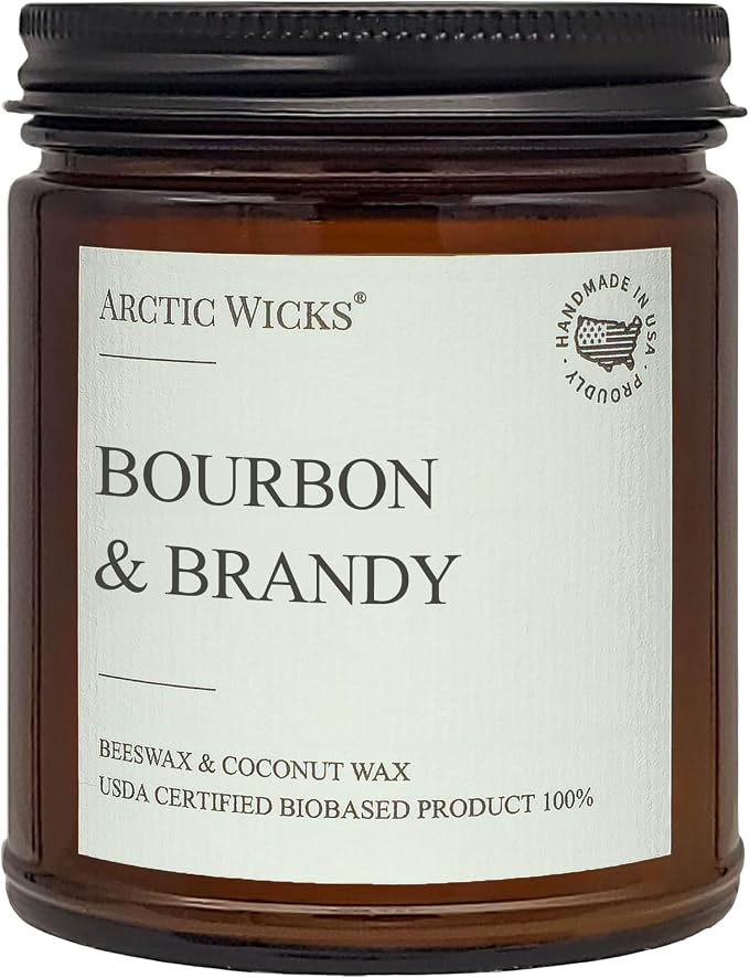Arctic Wicks Scented Coconut Beeswax Candles | Coconut Beeswax Non Toxic Candle 9oz Amber | Farmhouse Candles Non-Toxic Clean Burn 100% USDA Certified Biobased (Bourbon & Brandy)