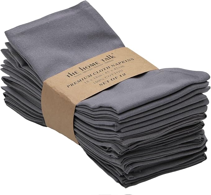 Cloth Napkins Set of 12 (18x18 Inches or 46x46 CM) 100% Cotton Everyday Use Premium Quality Cloth Napkins Ultra Soft Perfect Dinner Napkins/Table Napkins - Grey - The Home Talk, Gray