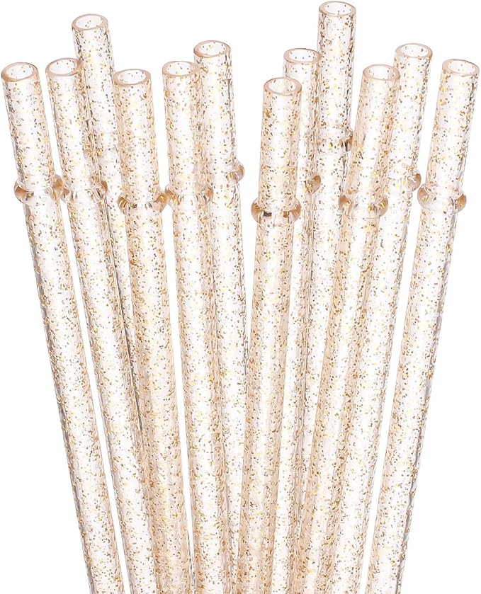 Dakoufish 12 Piece 11 Inch Reusable Straws Gold Glitter Plastic Drinking Straw Plus one Cleaning Brush (11 Inch,Clear Gold Glitter)