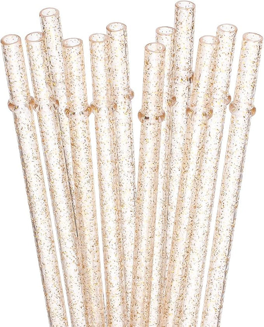 Dakoufish 12 Piece 11 Inch Reusable Straws Gold Glitter Plastic Drinking Straw Plus one Cleaning Brush (11 Inch,Clear Gold Glitter)