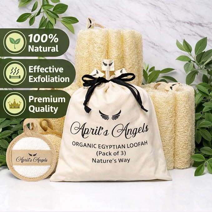 April's Angels 100% Natural Egyptian Loofah. Eco Friendly Exfoliating Scrubers for Body and Face. Natural Bathing Loofah for the Entire Family. Large Size (Set of 3 + 1 Exfoliating Face pad)