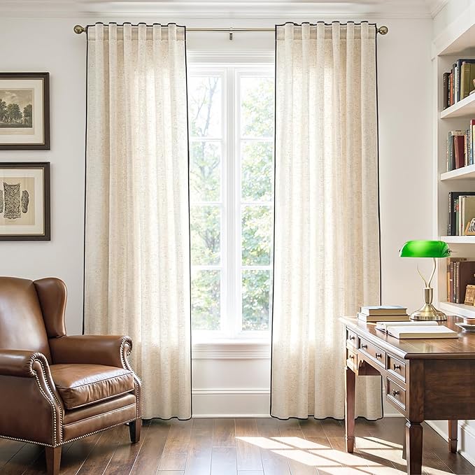 jinchan Beige Linen Blend Curtains with Black Trim, French Style Drapes for Living Room Bedroom 2 Panels 84 Inches Length Neutral Curtains Farmhouse Modern Window Treatment with Rod Pocket Back Tab