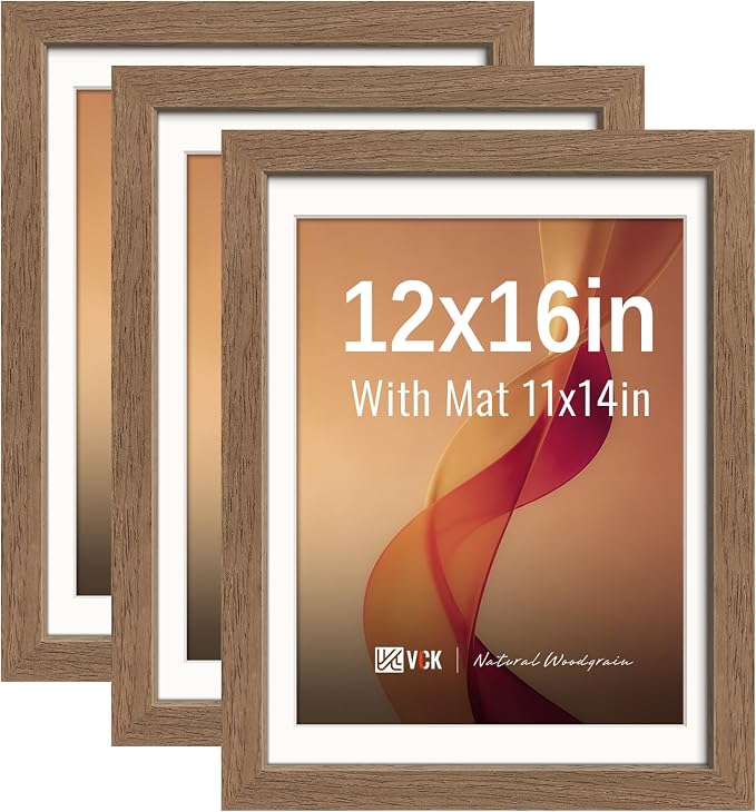 VCK 12x16 Picture Frames Walnut 3 Pack, Wide Border Wood, Tempered Glass, Display 11x14 Poster Photo with Mat or 12 x 16 Without, for Home, Office, Gallery, Woodgrain Series, Wall Hanging