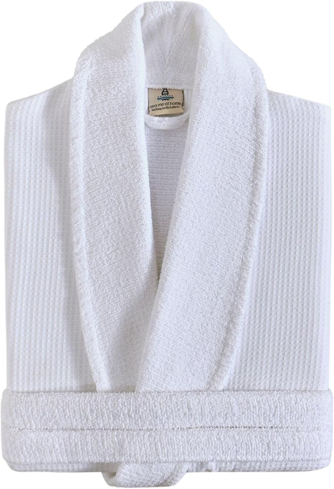 sea me at home Turkish Cotton Waffle Bathrobe, Luxury Spa Hotel Shawl Collar Robe for Women & Men, Plush Terry Inside