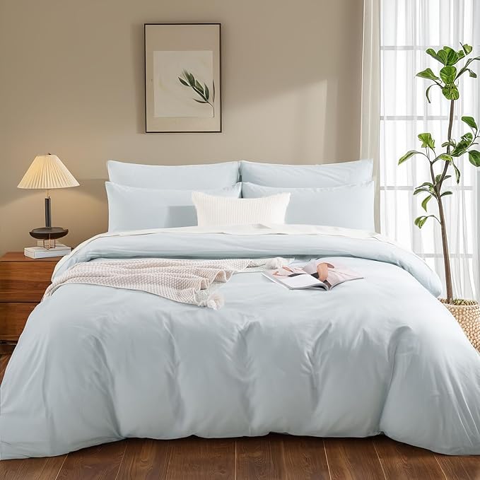 NEXHOME PRO Duvet Cover Set King Size Linen Look Textured Organic Natural 100% Washed Cotton Duvet Cover 3 Pieces Bedding Set with Zipper Closure, Breathable, Soft, Light Baby Blue (No Comforter)