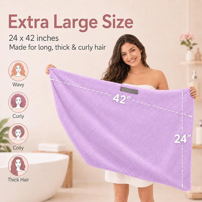 Large Hair Towel Wrap for Women, Quick-Dry Turban, Ultra Absorbent & Anti-Frizz, Ideal for Long, Thick & Curly Hair, Soft Lightweight Microfiber Drying Towel (24x42, Purple)