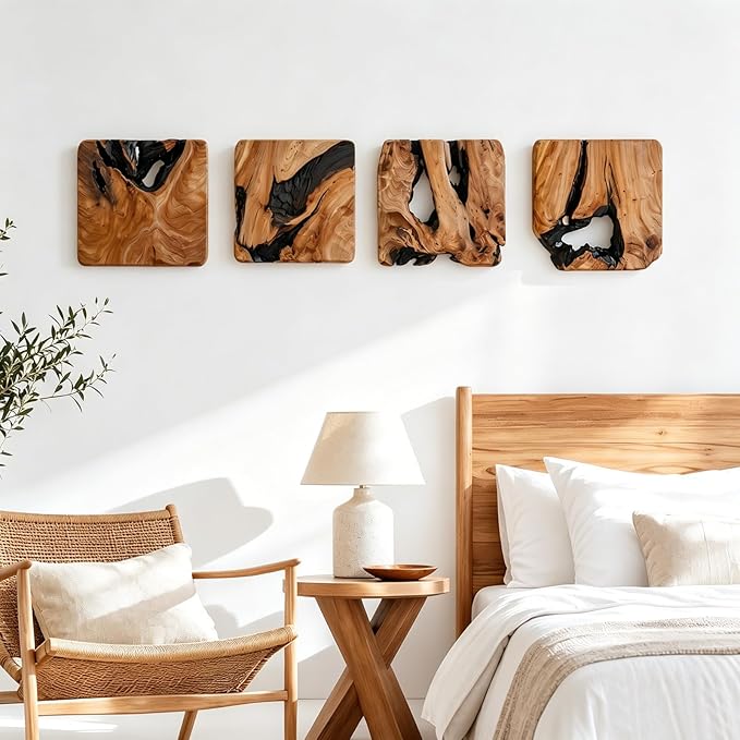 BOTALEGRE 4-Piece Natural Cedar Wood Wall Art Set, Handcrafted Rustic Abstract Wall Decor, Unique Cedar Root Wooden Wall Hanging for Home Living Room Bedroom Office