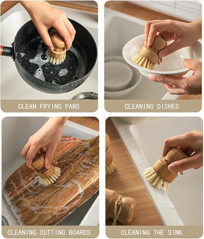 Bamboo Dish Scrub Brushes, ZP Natural 3Pack Kitchen Wooden Cleaning Scrubbers Set for Cleaning Pots, Pans and Vegetables