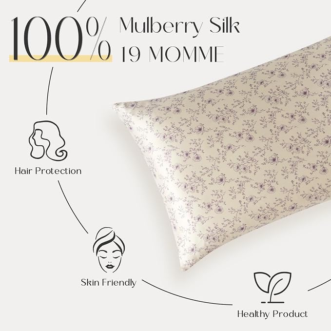ZIMASILK 100% Pure Mulberry Silk Pillow Cases for Hair and Skin, Soft, Hypoallergenic & Smooth, Both Sides Grade 6A Silk, with Hidden Zipper, Gift for Women Men, 1pc (King 20"x36", Lilac Flower)