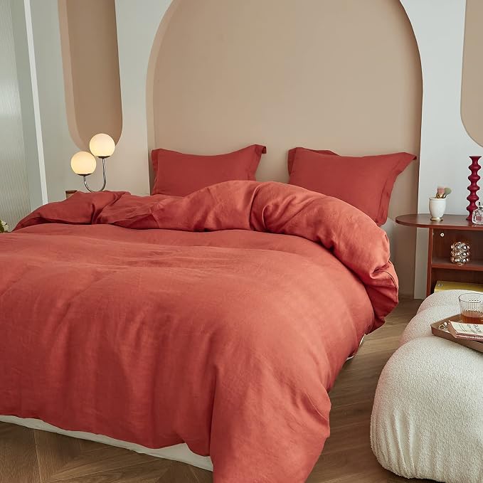 Simple&Opulence 100% Linen Duvet Cover Set 3pcs Basic Style Natural French Washed Flax Solid Color Soft Breathable Farmhouse Bedding with Button Closure - Brick Red, Queen