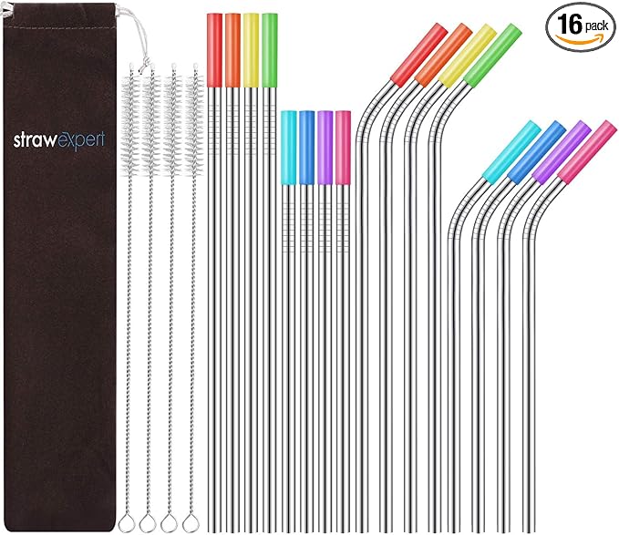 StrawExpert Set of 16 Reusable Stainless Steel Straws with Travel Case Cleaning Brush Silicone Tips Eco Friendly Extra Long Metal Straws Drinking for 20 24 30 oz Tumbler, Silver