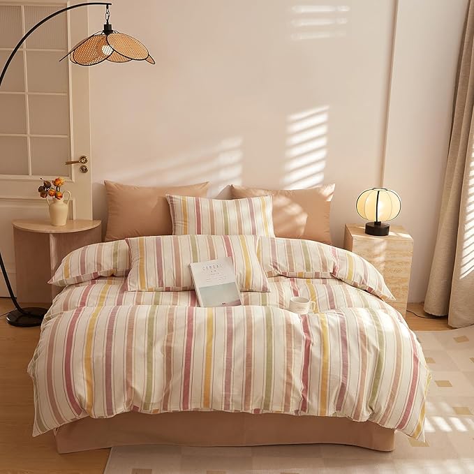 mixinni Vintage Striped Duvet Cover Set Full, 3-Piece Washed Cotton Bedding Set - Soft, Breathable & Colorful Marble Stripe Pattern, All-Season Comforter Cover with Zipper-Full Size