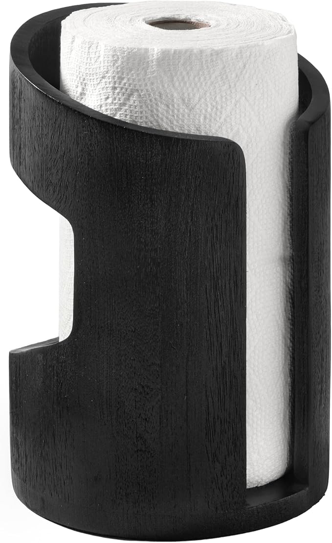 Anji Mountain Wooden Paper Towel Holder Countertop with Mango Wood Round Base and Iron Holder, Holder Stand for Kitchen Roll Organizer & Kitchen Dining Table Home Decor - Black/Black, Arc Hold