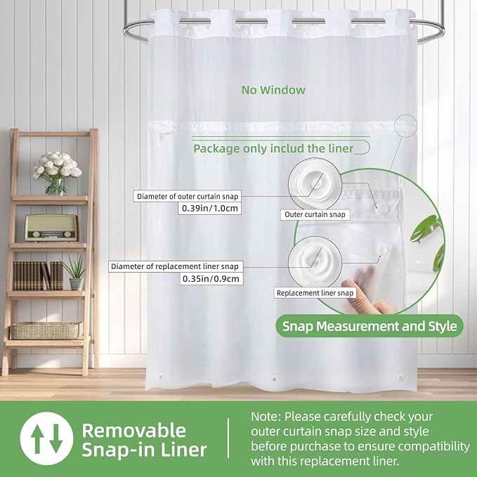 eachope 2 Pack PEVA Snap-in Shower Curtain Liner Replacement,Compatible with No Hook Shower Curtain with Snap in Liner, Removable & Water-Repellent,Machine Washable,70x54,Frost