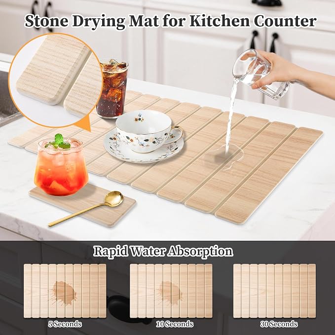 Diatomaceous Stone Drying Mat for Kitchen Counter with Sink Faucet Mat, Wooden Parrten Design Absorbent Quick Dry Dish Drying Mat Set, Diatomite Stone Slat Countertop Pad for Dishes, Cups