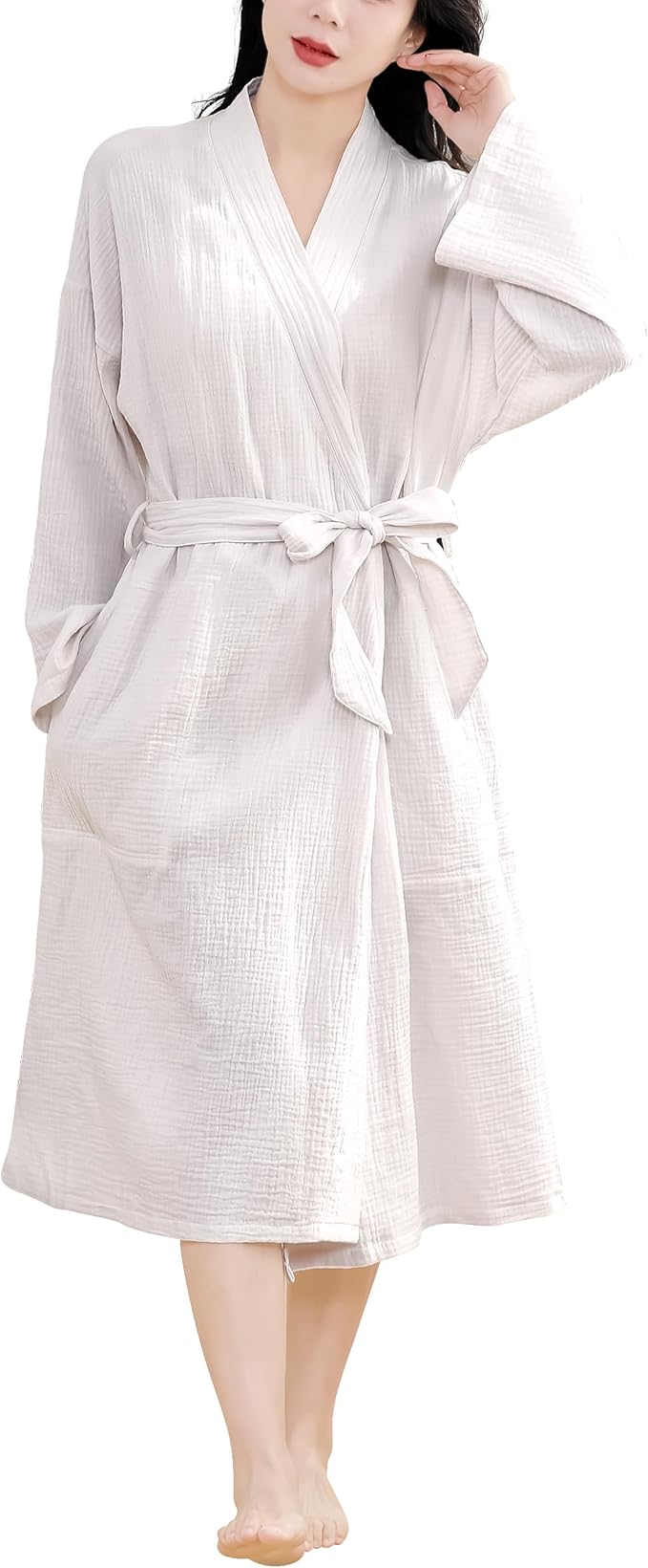Women's Organic Cotton Bathrobe Long Sleeve Nightgowns Lightweight Waist-Tie Bath Robe for Home Spa Muslin Cotton Beach Wear