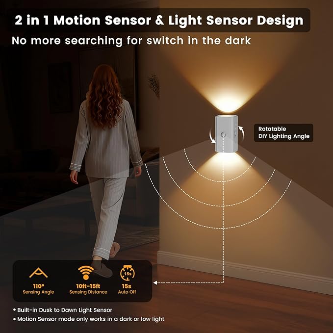 easuntec Rechargeable Motion Sensor Night Light Warm White, Wireless Dimmable, Magnetic Stick-on for Bedroom Stairs, Kids Elderly Baby, Long Lasting Battery for Cabinet, 2 Pack (Warm White, 2 Pack)