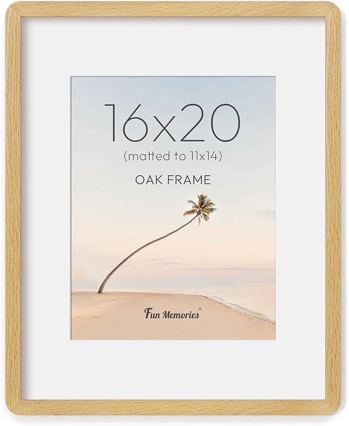 Fun Memories 16x20 Picture Frame - Solid Oak Wood Poster Frame, Handcrafted Rounded Corner 16 x 20 Wooden Frames Matted to 11x14 Photos, Horizontal or Vertical Wall Mounting, Natural Oak
