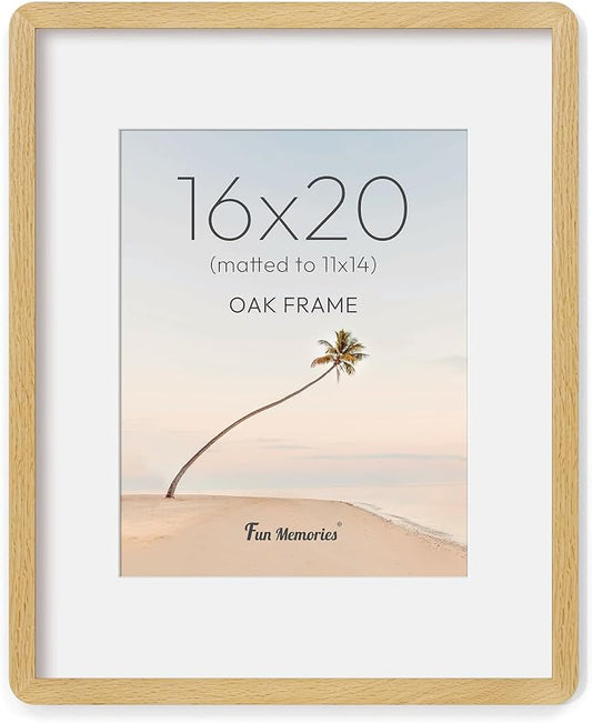Fun Memories 16x20 Picture Frame - Solid Oak Wood Poster Frame, Handcrafted Rounded Corner 16 x 20 Wooden Frames Matted to 11x14 Photos, Horizontal or Vertical Wall Mounting, Natural Oak