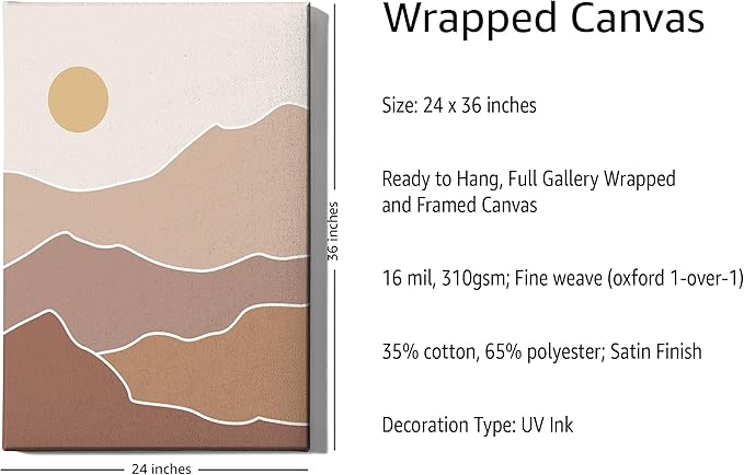 Abstract Mountain Landscape Wrapped Canvas Wall Art Sun Rolling Hills Earth Tones Terracotta 24x36 Inch Gallery Stretched Mid Century Modern Nature Home Art