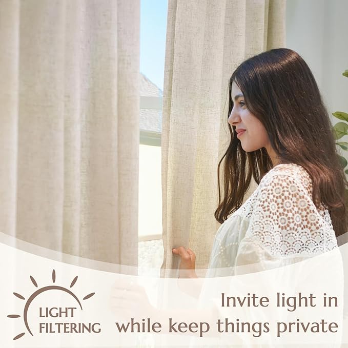 jinchan Beige Linen Curtains with White Privacy Lining Natural Lined Curtains 63 inch Light Filtering Drapes for Living Room Bedroom Neutral Farmhouse Cottage Core Home Office Decor Back Tab 2 Panels